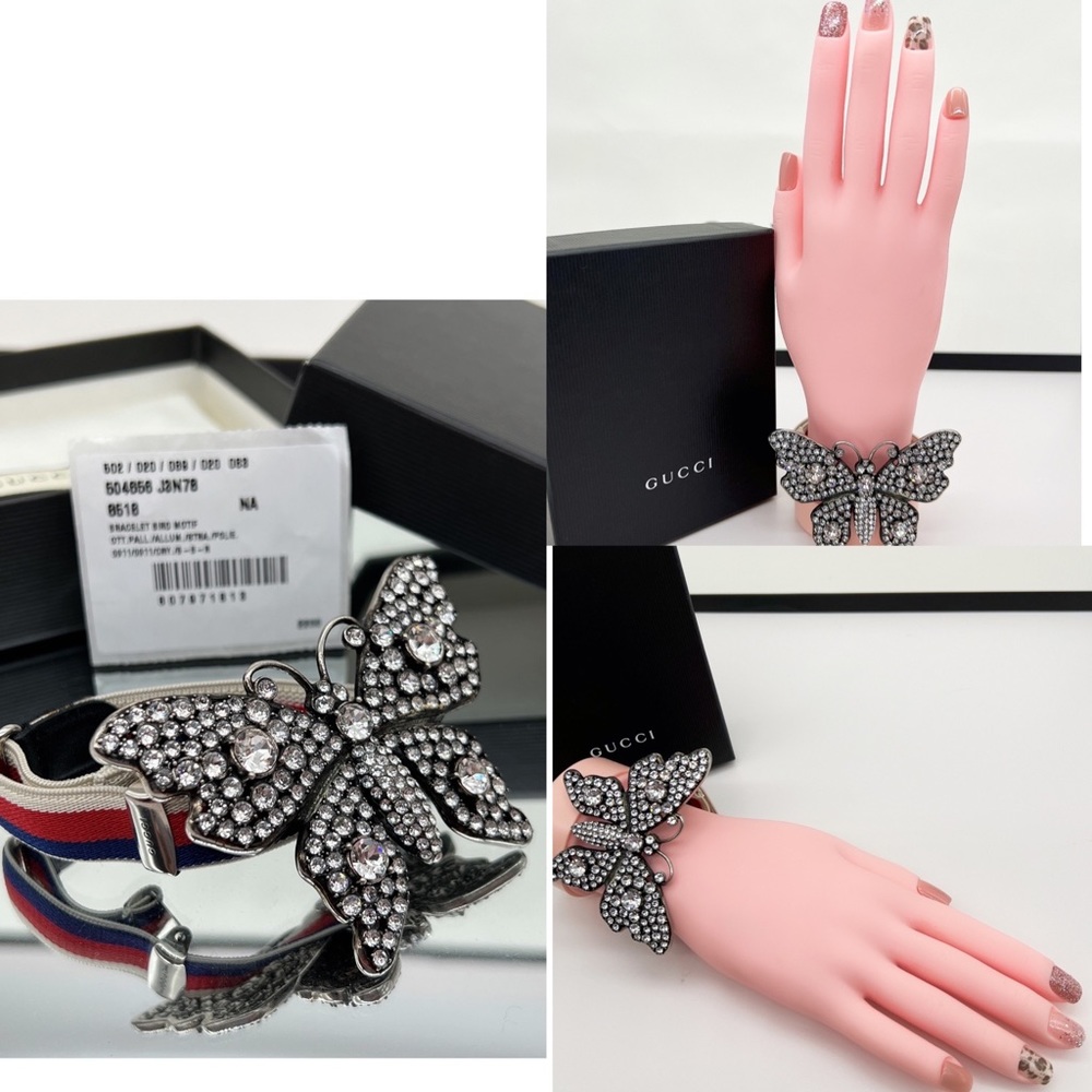 NWT Gucci Crystal Butterfly Web Stripe Bracelet with Feline Head Motif